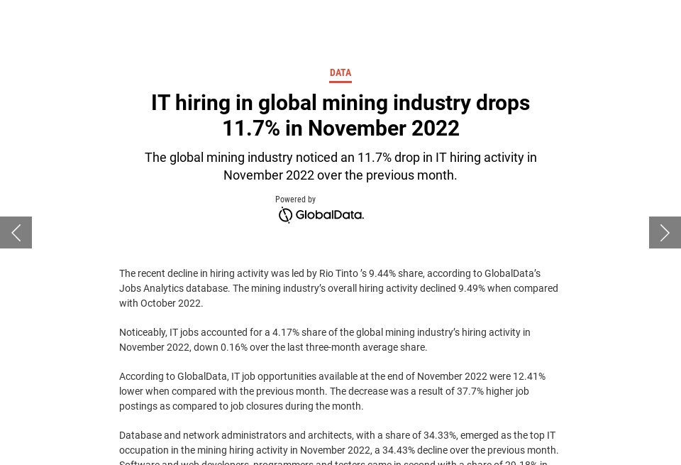 IT hiring in global mining industry drops 11.7 in November 2022 Mine